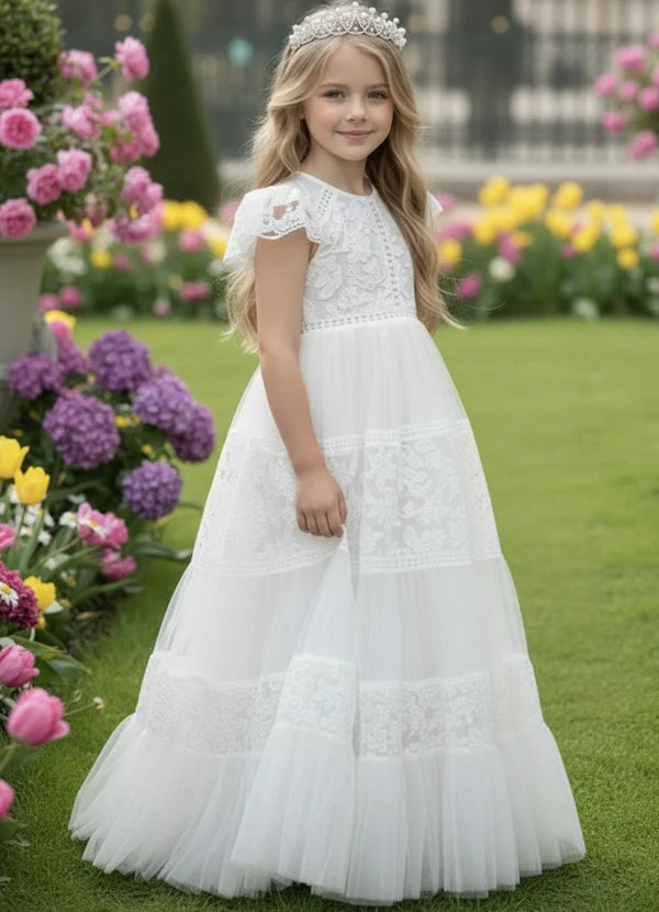 Round Neck Flutter Lace White Tulle Full Length Tiered Flower Girl Dresses