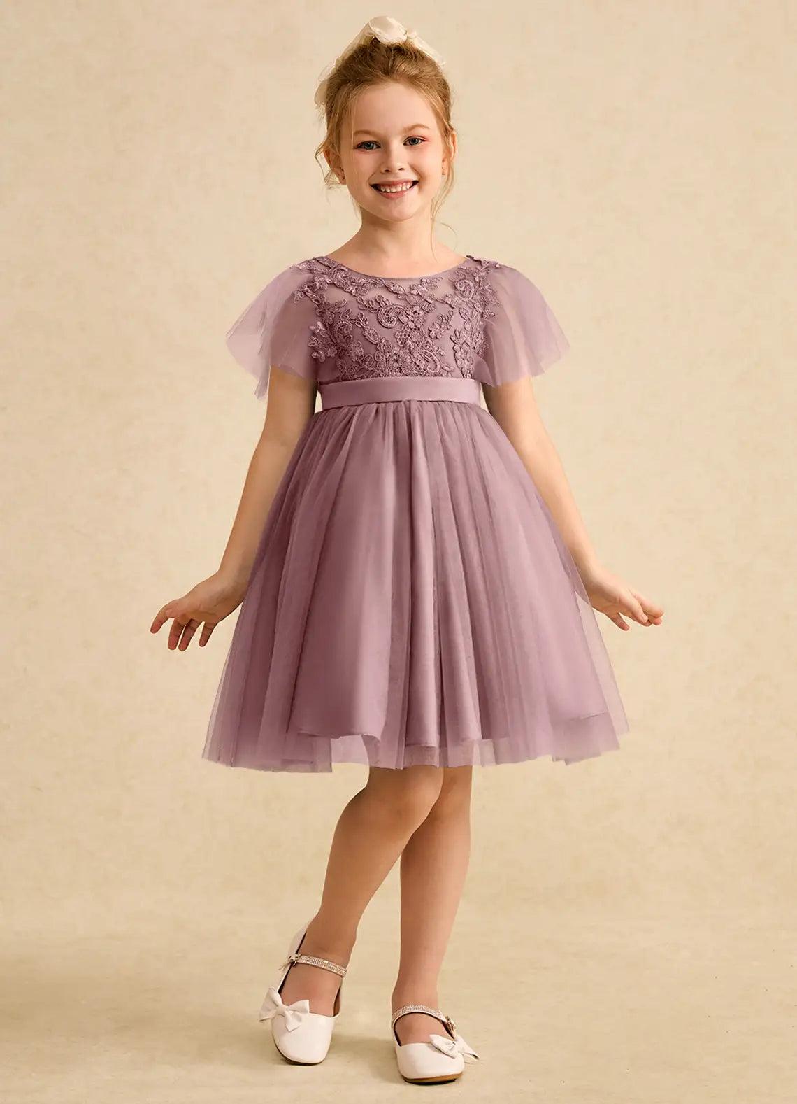 Round Neck Flutter Short Sleeve Dusty Lavender Lace Tulle Knee-Length Flower Girl Dresses with V Back Satin Bow