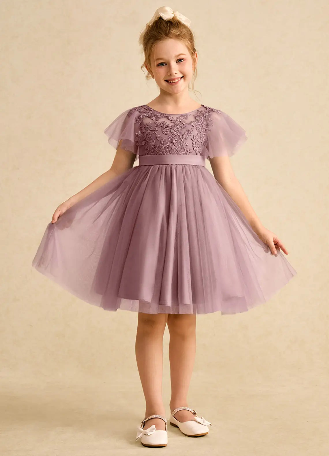 Round Neck Flutter Short Sleeve Dusty Lavender Lace Tulle Knee-Length Flower Girl Dresses with V Back Satin Bow