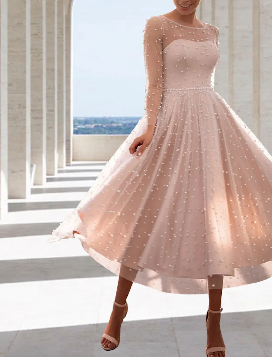 Round Neck Full Pearl Beaded Long Sleeve Midi Tulle Wedding Dress Sheer Pearl Back