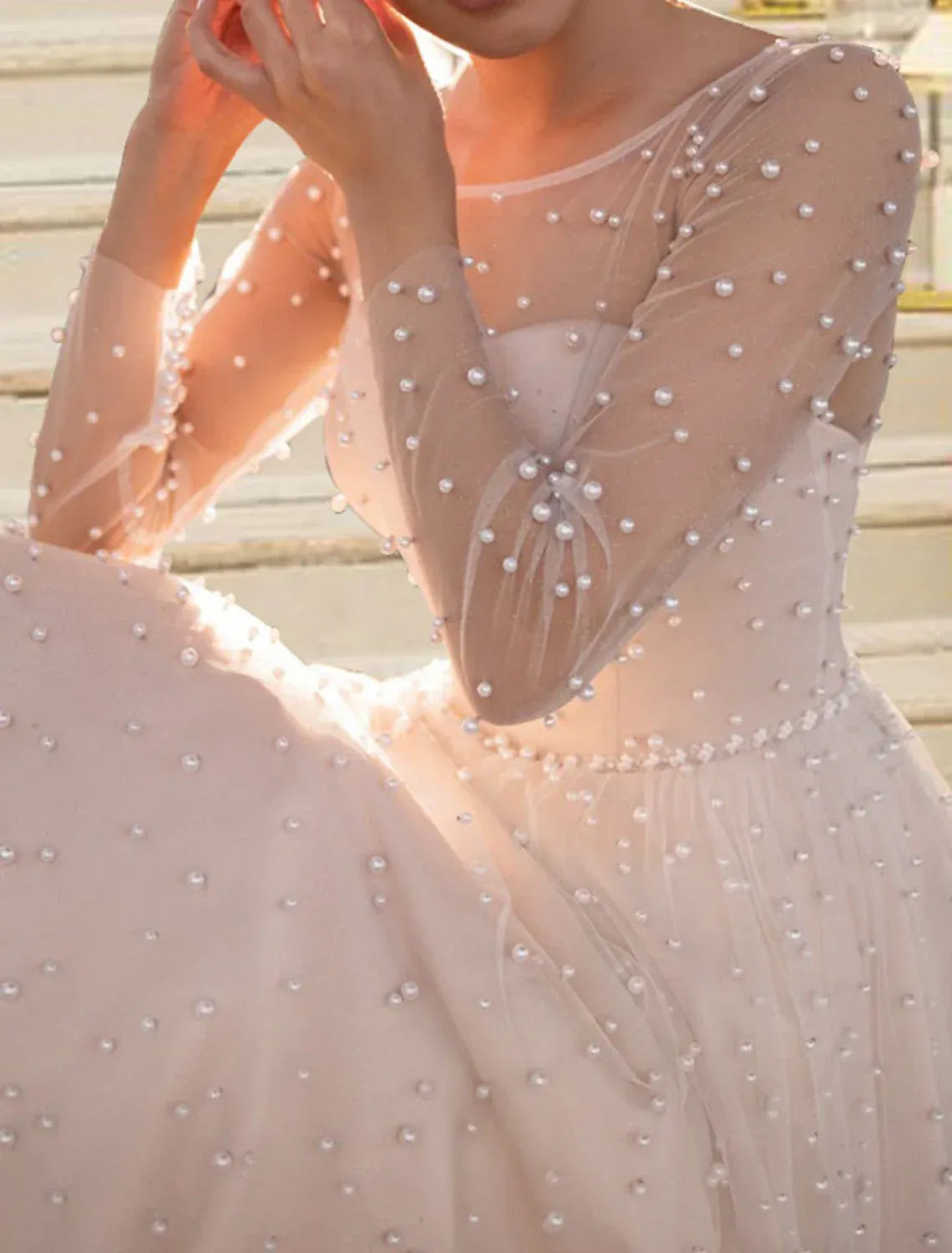 Round Neck Full Pearl Beaded Long Sleeve Midi Tulle Wedding Dress Sheer Pearl Back