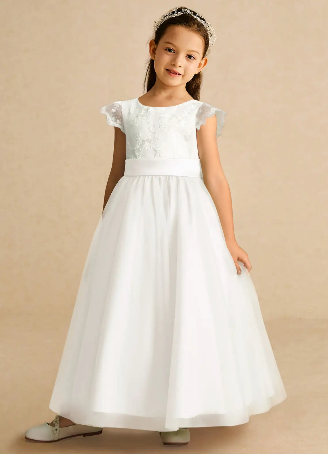 Round Neck Lace Cap Sleeve White Tulle Full-Length Flower Girl Dresses with Back Bow