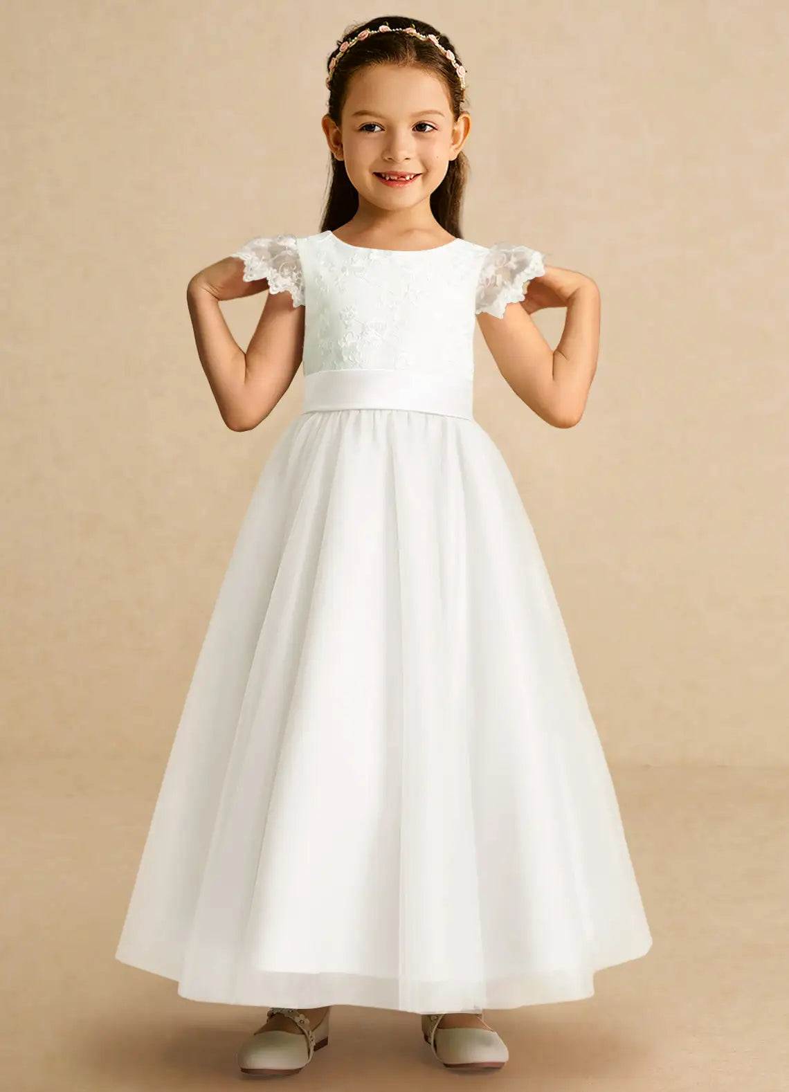 Round Neck Lace Cap Sleeve White Tulle Full-Length Flower Girl Dresses with Back Bow