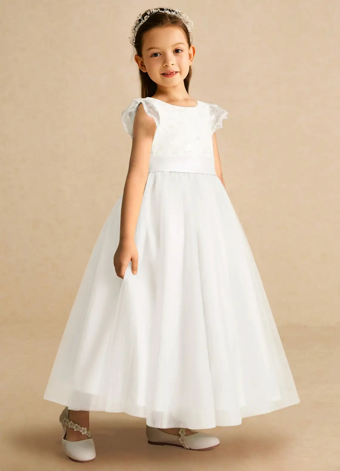 Round Neck Lace Cap Sleeve White Tulle Full-Length Flower Girl Dresses with Back Bow