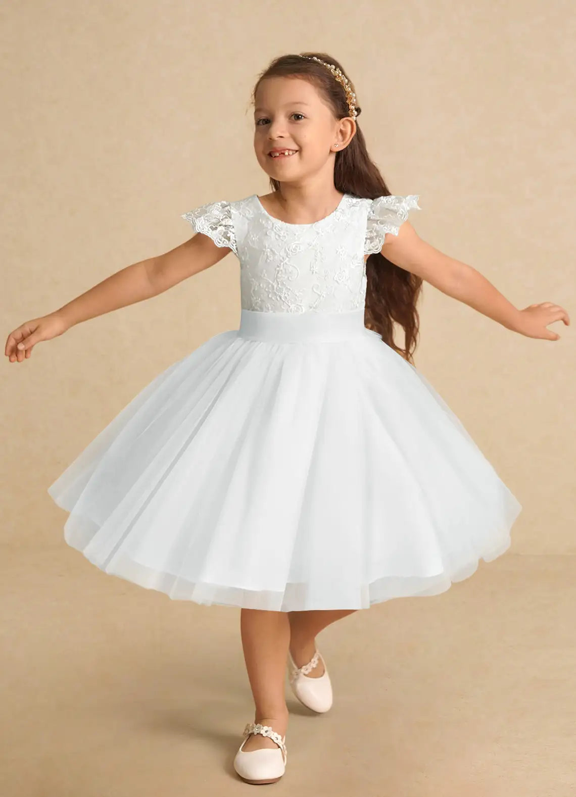 Round Neck Lace Flutter Sleeve Back Big Bow White Tulle Knee-Length Flower Girl Dresses