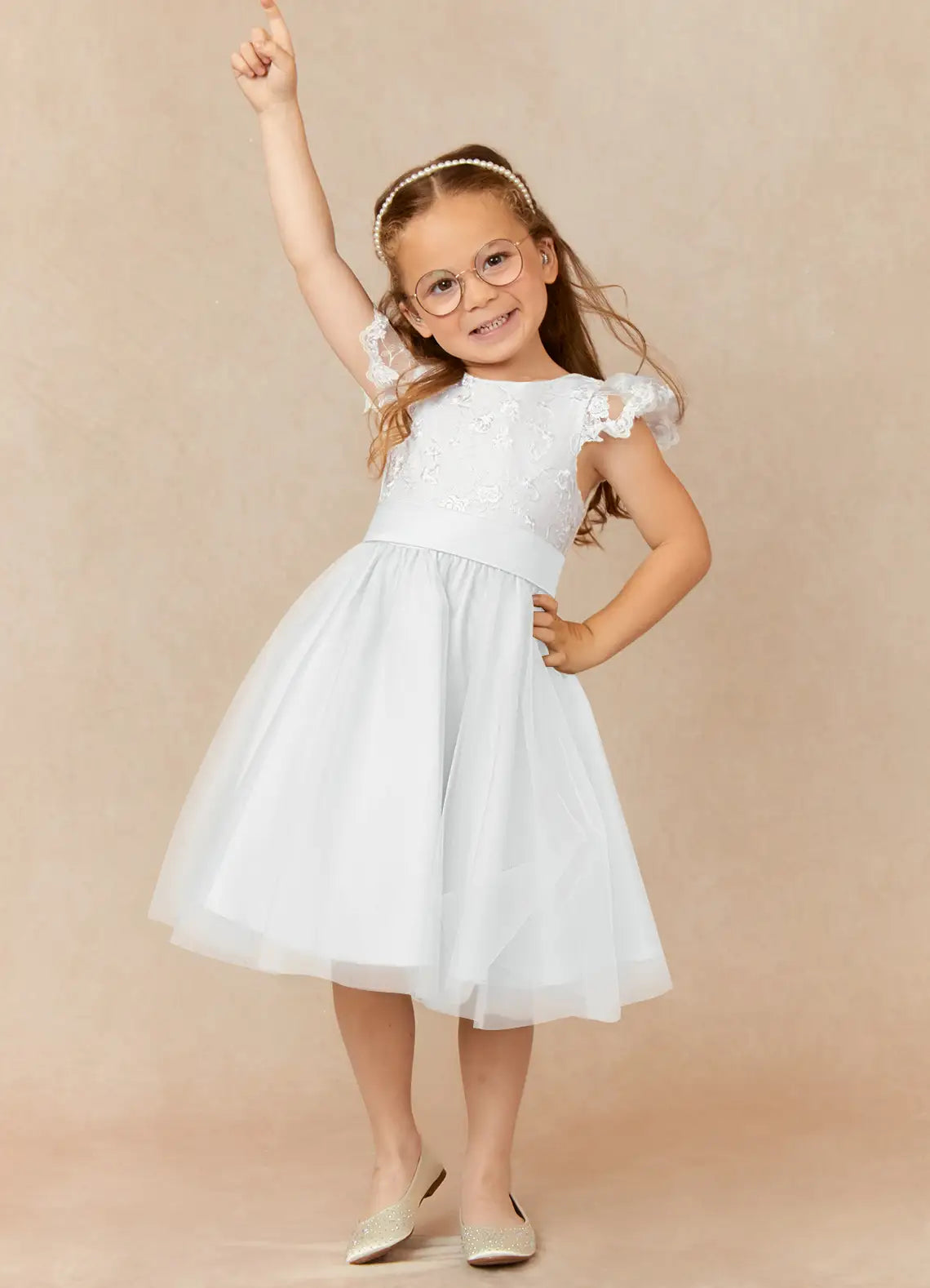Round Neck Lace Flutter Sleeve Back Big Bow White Tulle Knee-Length Flower Girl Dresses