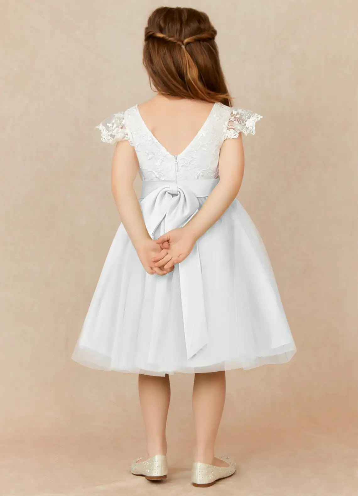 Round Neck Lace Flutter Sleeve Back Big Bow White Tulle Knee-Length Flower Girl Dresses