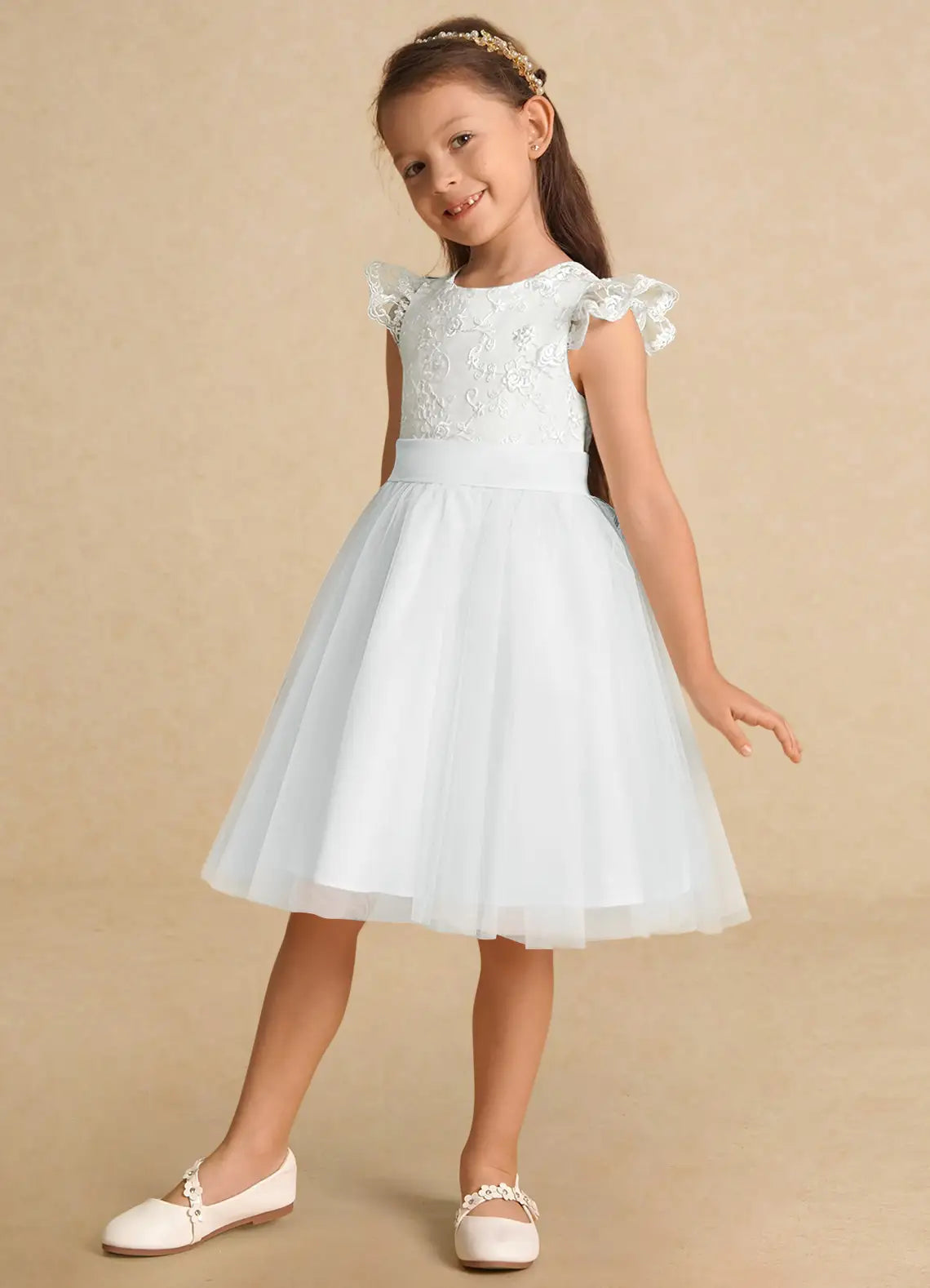 Round Neck Lace Flutter Sleeve Back Big Bow White Tulle Knee-Length Flower Girl Dresses