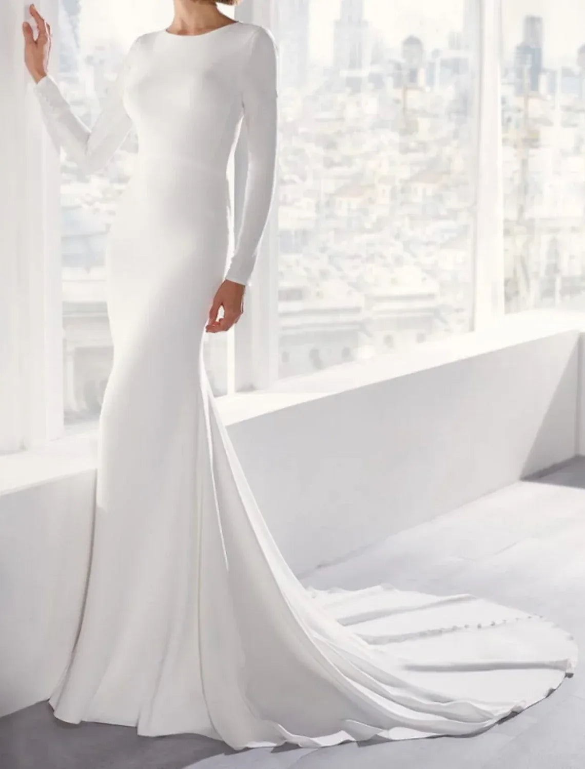 Round Neck Long Sleeve Crepe Mermaid Wedding Dress Keyhole Open Back Pearl Chapel Train