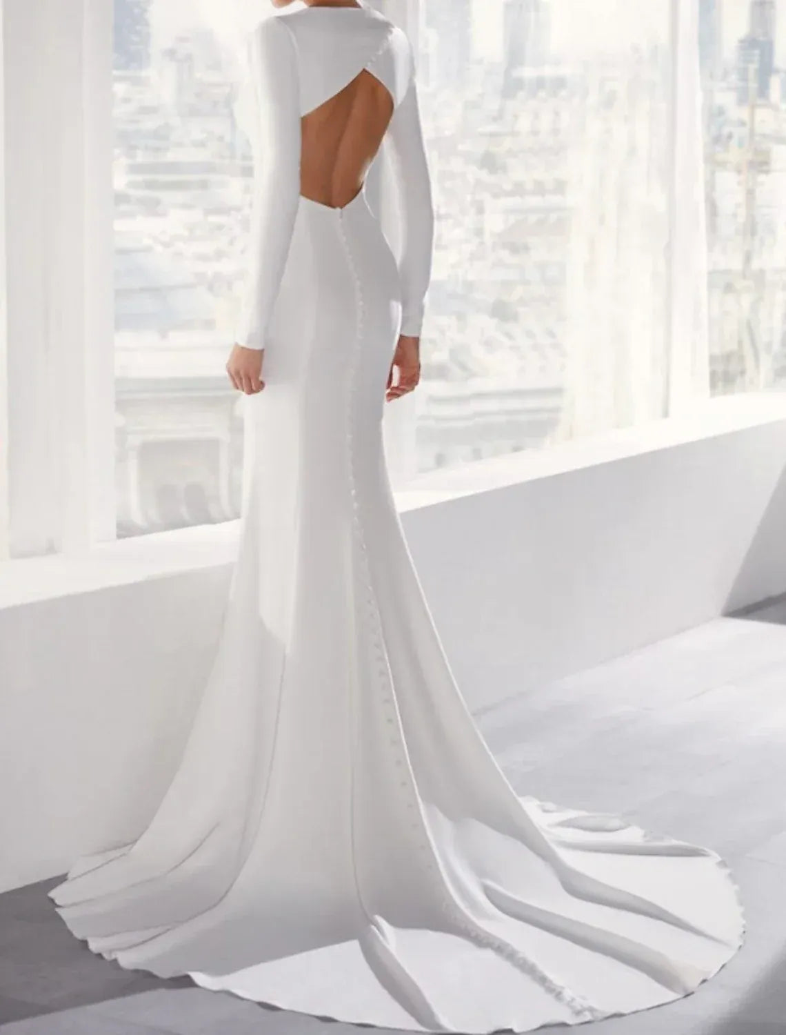 Round Neck Long Sleeve Crepe Mermaid Wedding Dress Keyhole Open Back Pearl Chapel Train