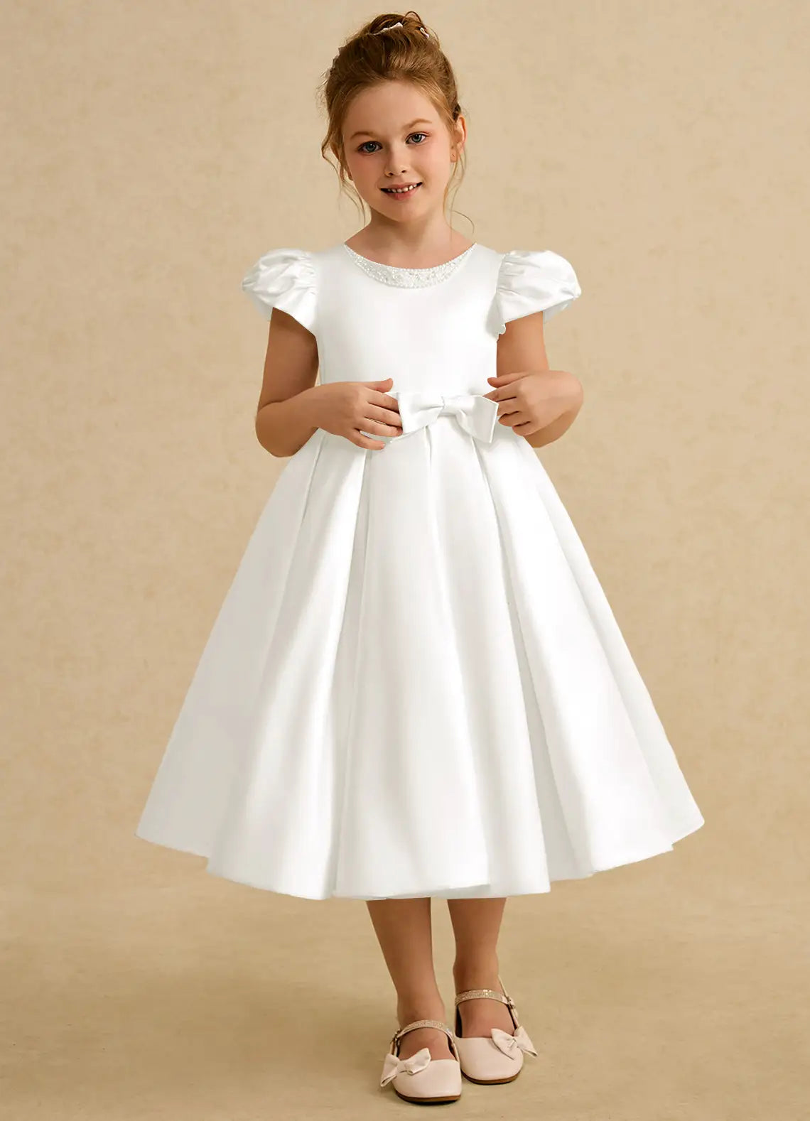 Round Neck Puff Cap Sleeve White Satin Midi-Length Flower Girl Dresses with Beaded Neckline and Large Back Bow
