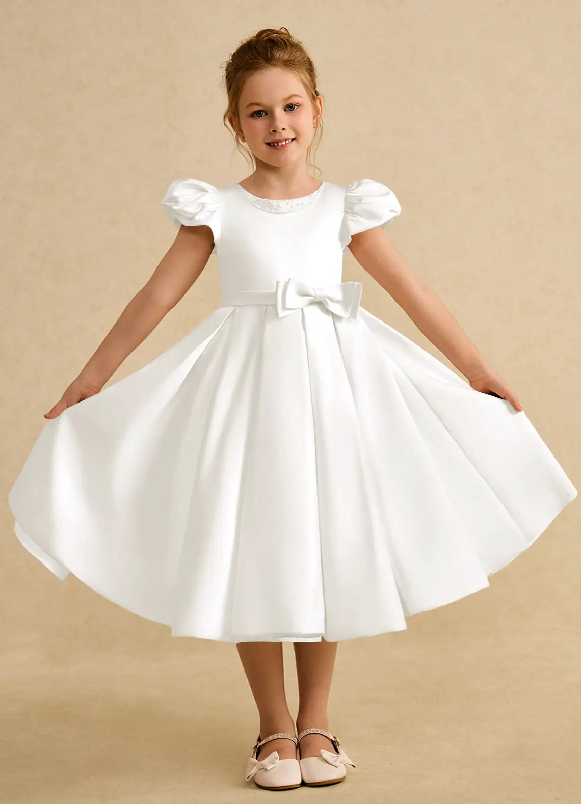 Round Neck Puff Cap Sleeve White Satin Midi-Length Flower Girl Dresses with Beaded Neckline and Large Back Bow
