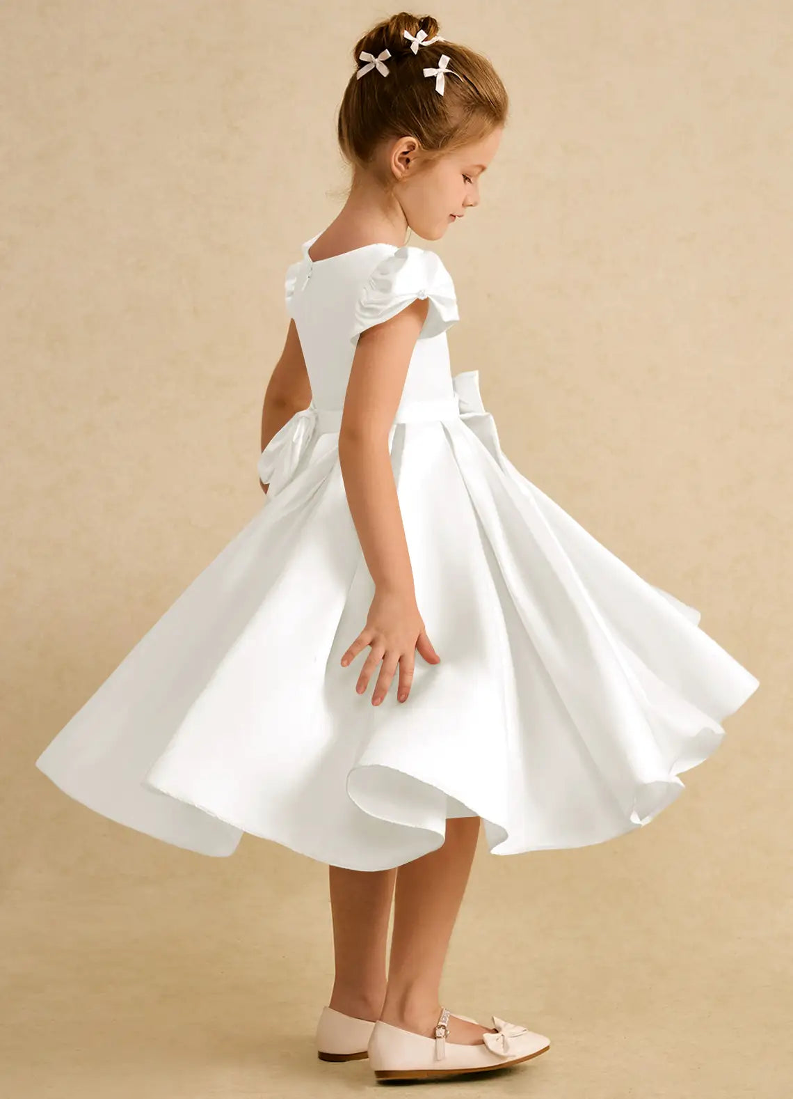 Round Neck Puff Cap Sleeve White Satin Midi-Length Flower Girl Dresses with Beaded Neckline and Large Back Bow