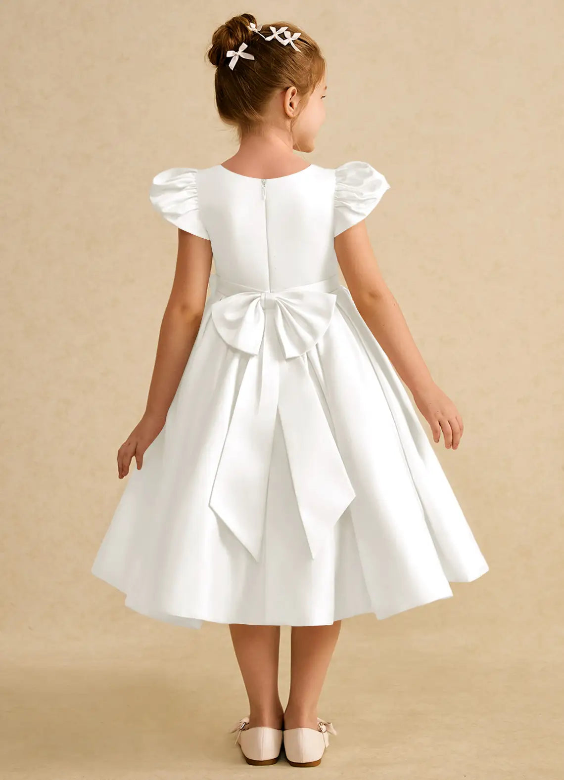 Round Neck Puff Cap Sleeve White Satin Midi-Length Flower Girl Dresses with Beaded Neckline and Large Back Bow