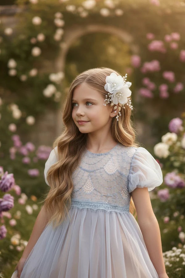 Round Neck Puff Short Sleeve Light Blue Lace Tulle Midi Flower Girl Dresses