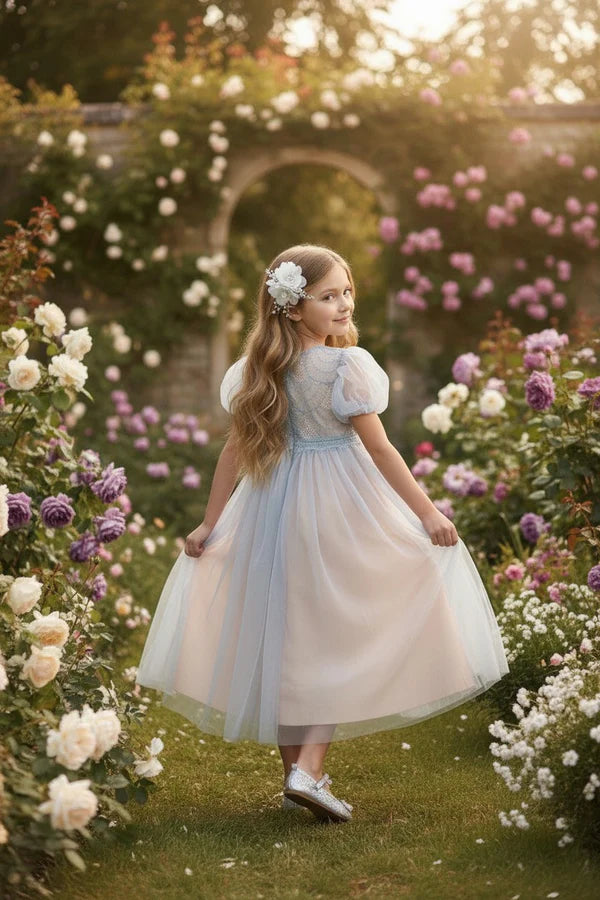 Round Neck Puff Short Sleeve Light Blue Lace Tulle Midi Flower Girl Dresses