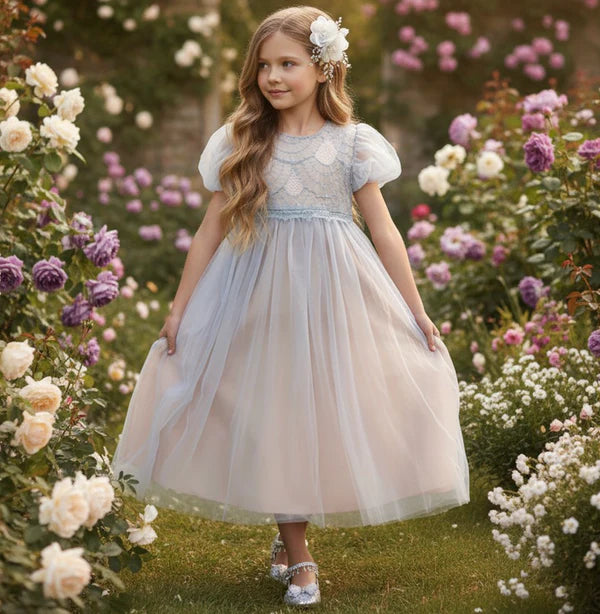 Round Neck Puff Short Sleeve Light Blue Lace Tulle Midi Flower Girl Dresses