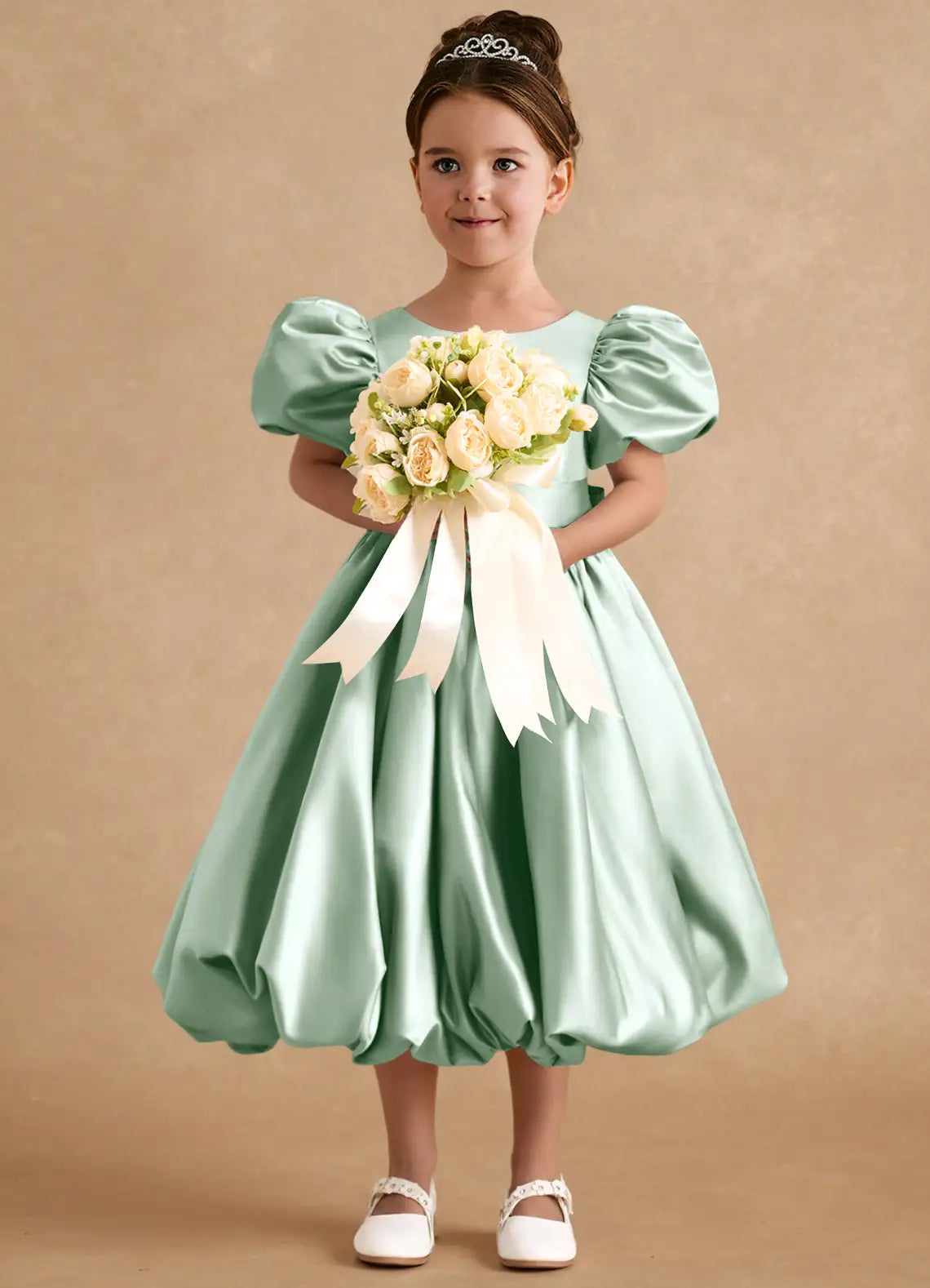 Round Neck Puff Short Sleeve Sage Green Satin Midi-Length Bubble Hem Flower Girl Dresses with Back Bow