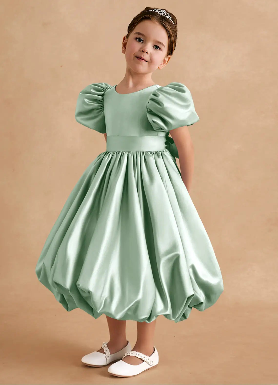 Round Neck Puff Short Sleeve Sage Green Satin Midi-Length Bubble Hem Flower Girl Dresses with Back Bow