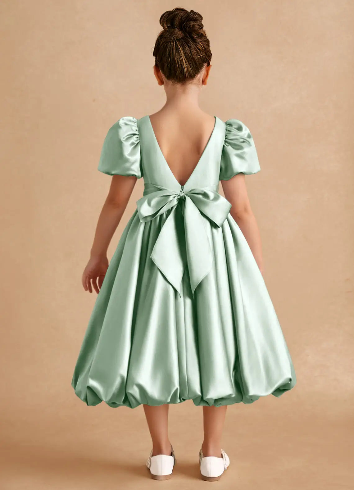 Round Neck Puff Short Sleeve Sage Green Satin Midi-Length Bubble Hem Flower Girl Dresses with Back Bow