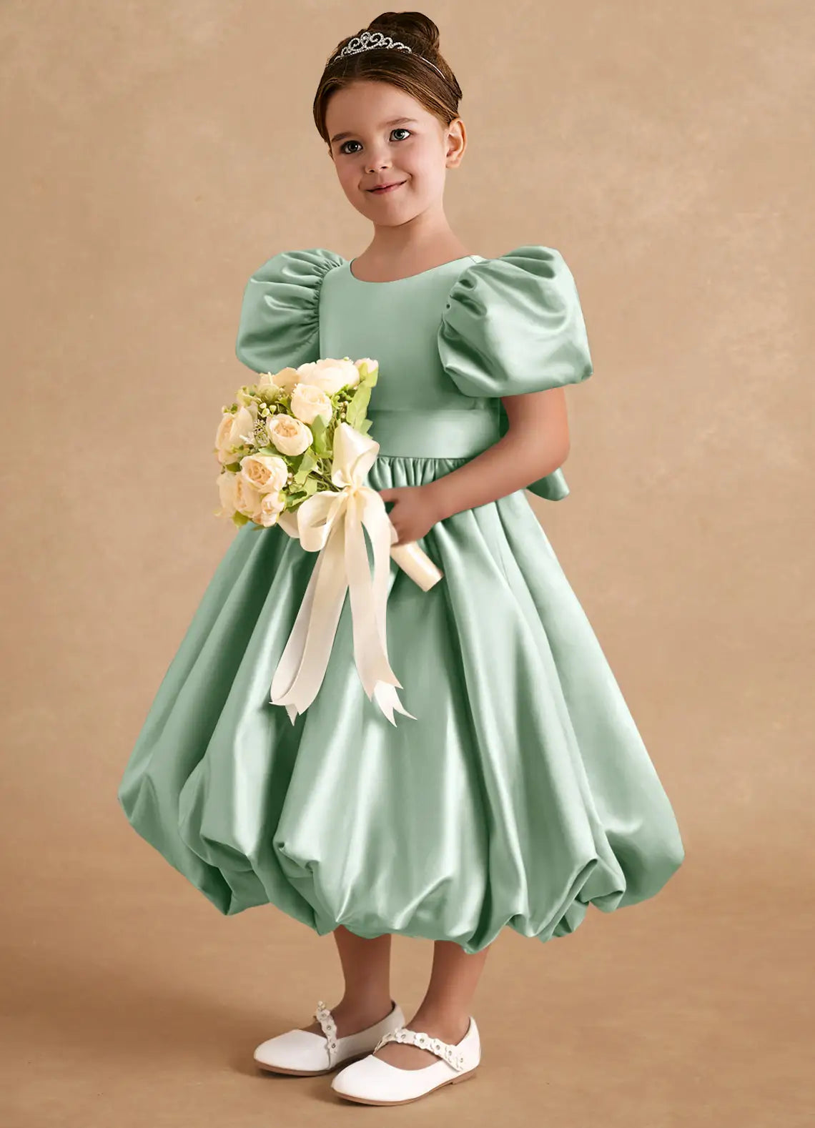 Round Neck Puff Short Sleeve Sage Green Satin Midi-Length Bubble Hem Flower Girl Dresses with Back Bow