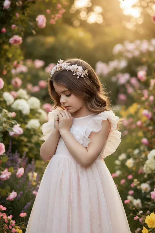 Round Neck Ruffle Cap Sleeve Blush Pink Dot Tulle Midi Empire Waist Flower Girl Dresses