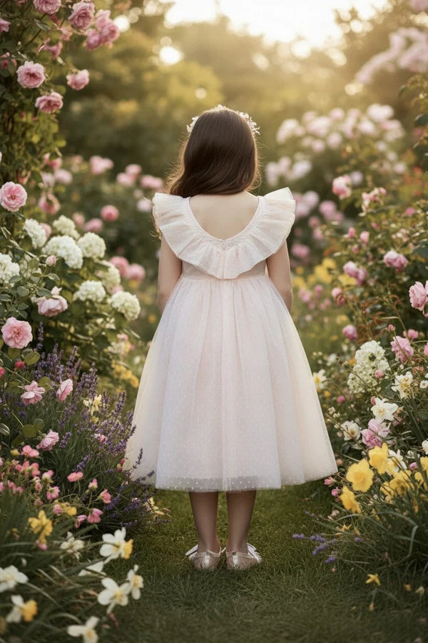 Round Neck Ruffle Cap Sleeve Blush Pink Dot Tulle Midi Empire Waist Flower Girl Dresses