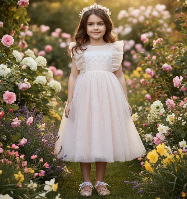 Round Neck Ruffle Cap Sleeve Blush Pink Dot Tulle Midi Empire Waist Flower Girl Dresses