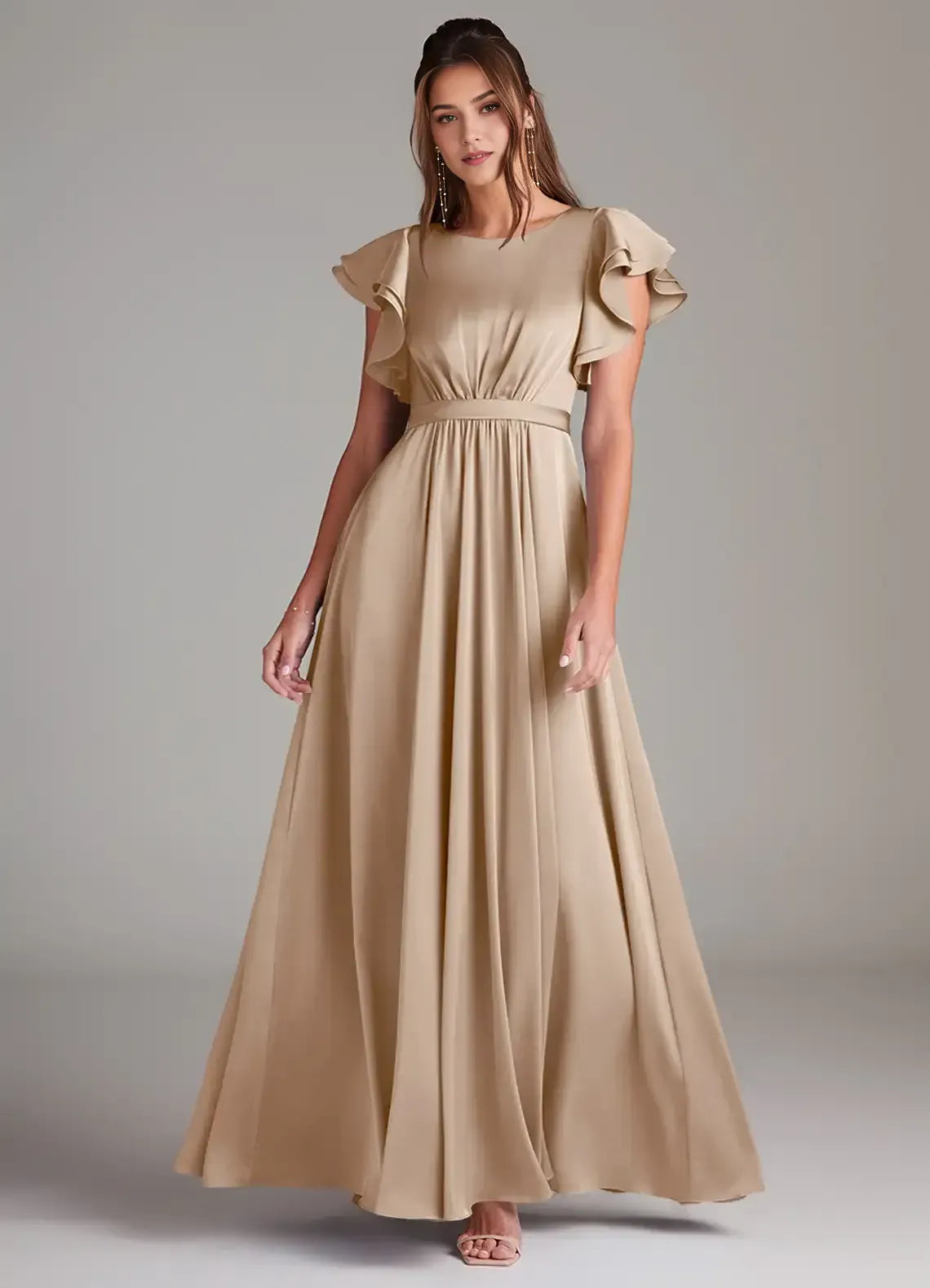 Round Neck Ruffle Cap Sleeve Empire Waist A Line Satin Long Bridesmaid Dress