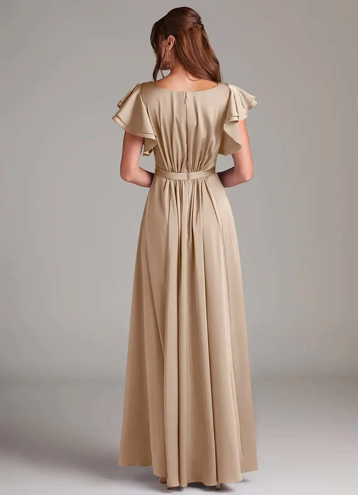 Round Neck Ruffle Cap Sleeve Empire Waist A Line Satin Long Bridesmaid Dress