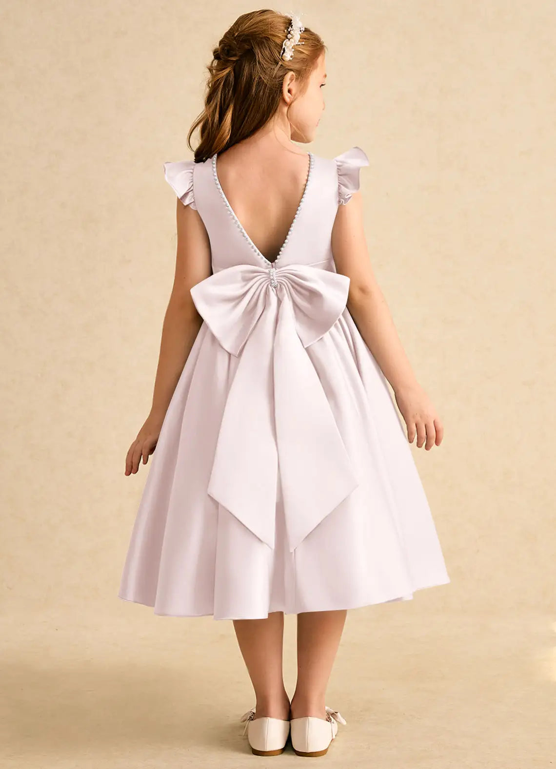 Round Neck Ruffle Cap Sleeve Pale Lavender Satin Midi-Length Flower Girl Dresses with Large Back Bow and Side Pockets