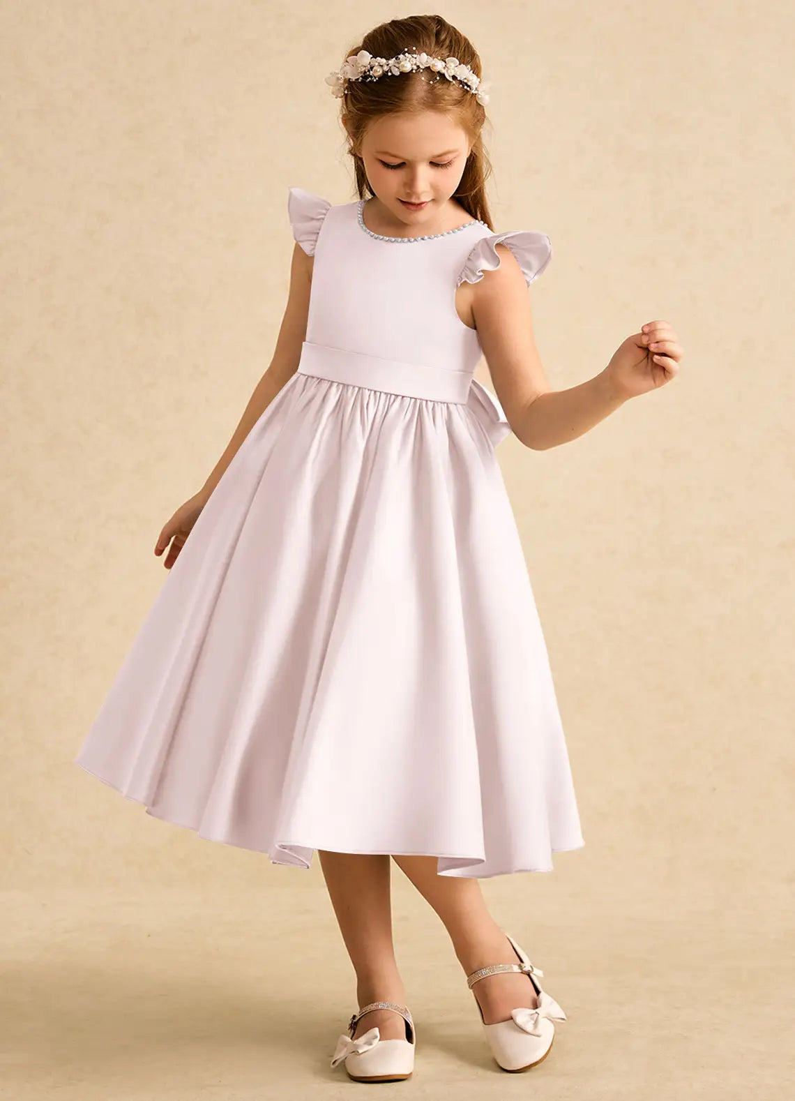 Round Neck Ruffle Cap Sleeve Pale Lavender Satin Midi-Length Flower Girl Dresses with Large Back Bow and Side Pockets