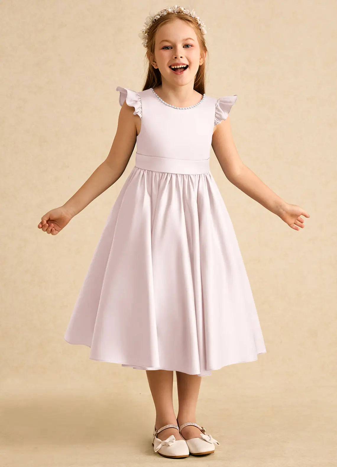 Round Neck Ruffle Cap Sleeve Pale Lavender Satin Midi-Length Flower Girl Dresses with Large Back Bow and Side Pockets