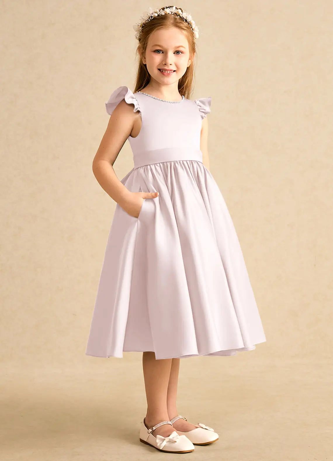 Round Neck Ruffle Cap Sleeve Pale Lavender Satin Midi-Length Flower Girl Dresses with Large Back Bow and Side Pockets