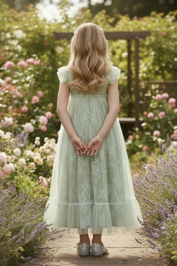 Round Neck Ruffle Cap Sleeve Sage Green Lace Tulle Maxi Empire Waist Flower Girl Dresses