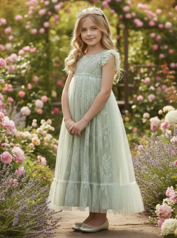 Round Neck Ruffle Cap Sleeve Sage Green Lace Tulle Maxi Empire Waist Flower Girl Dresses