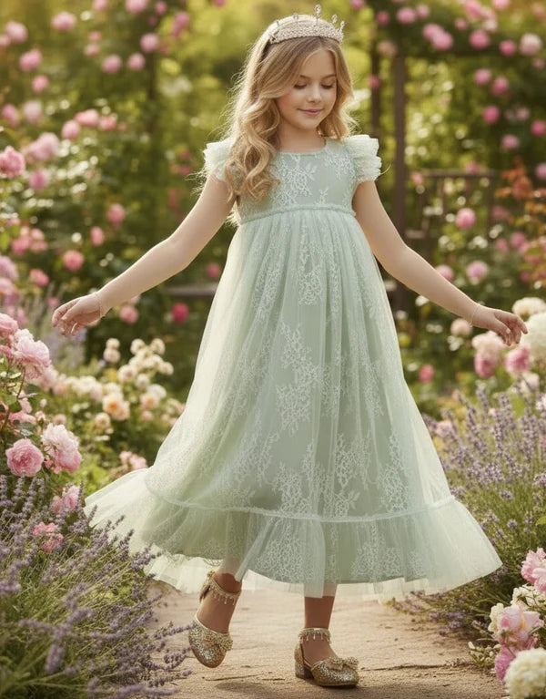 Round Neck Ruffle Cap Sleeve Sage Green Lace Tulle Maxi Empire Waist Flower Girl Dresses