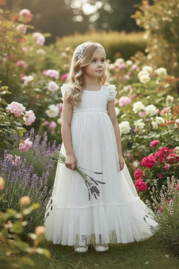 Round Neck Ruffle Cap White Lace Tulle Maxi Empire Waist Flower Girl Dresses