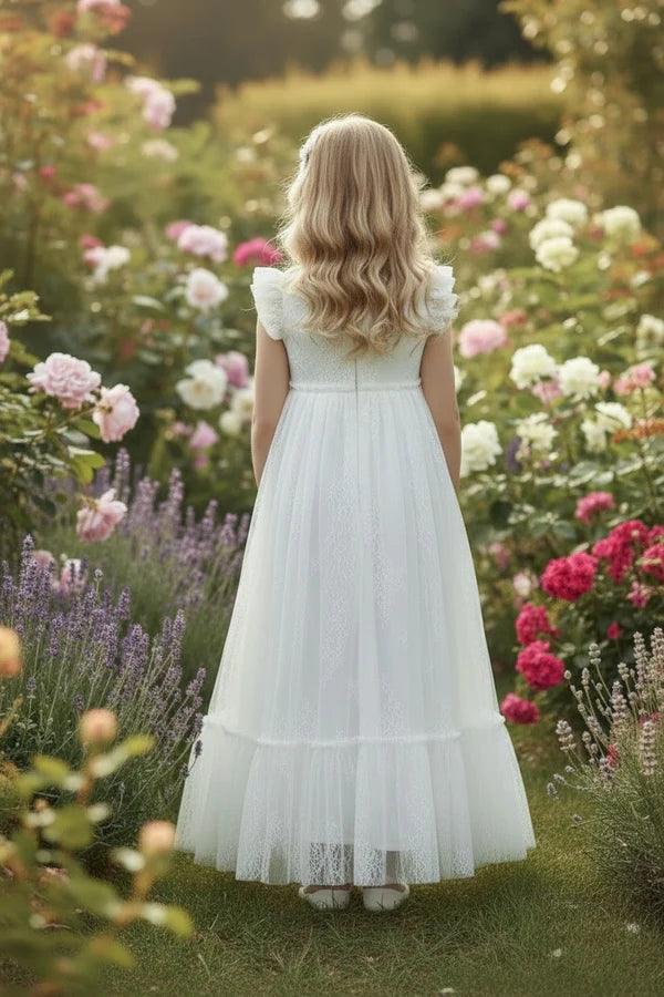 Round Neck Ruffle Cap White Lace Tulle Maxi Empire Waist Flower Girl Dresses