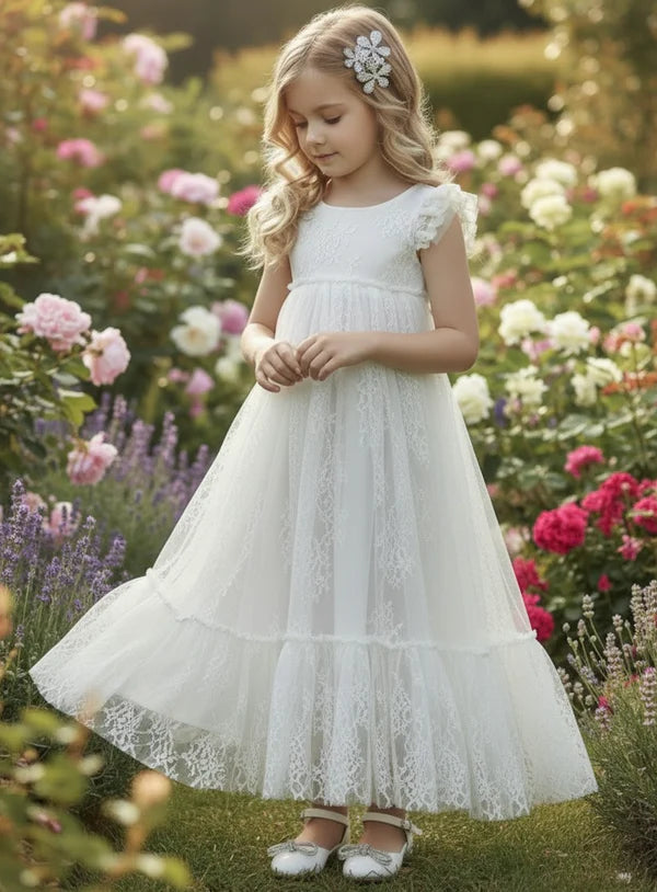 Round Neck Ruffle Cap White Lace Tulle Maxi Empire Waist Flower Girl Dresses