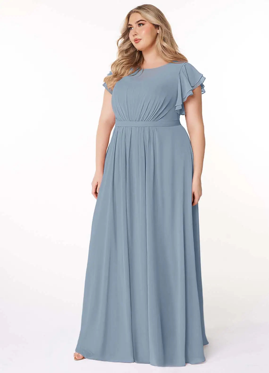 Round Neck Ruffle Sleeve Floor-Length Plus Size Bridesmaid Dress