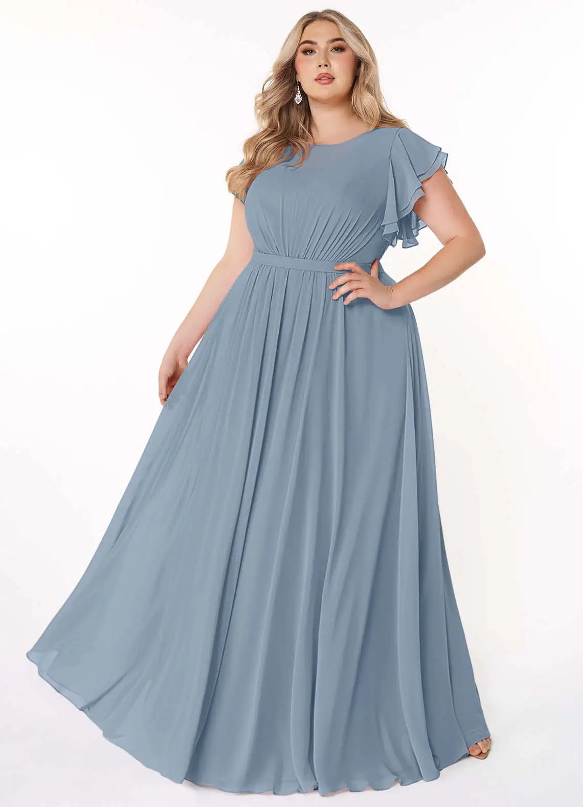 Round Neck Ruffle Sleeve Floor-Length Plus Size Bridesmaid Dress