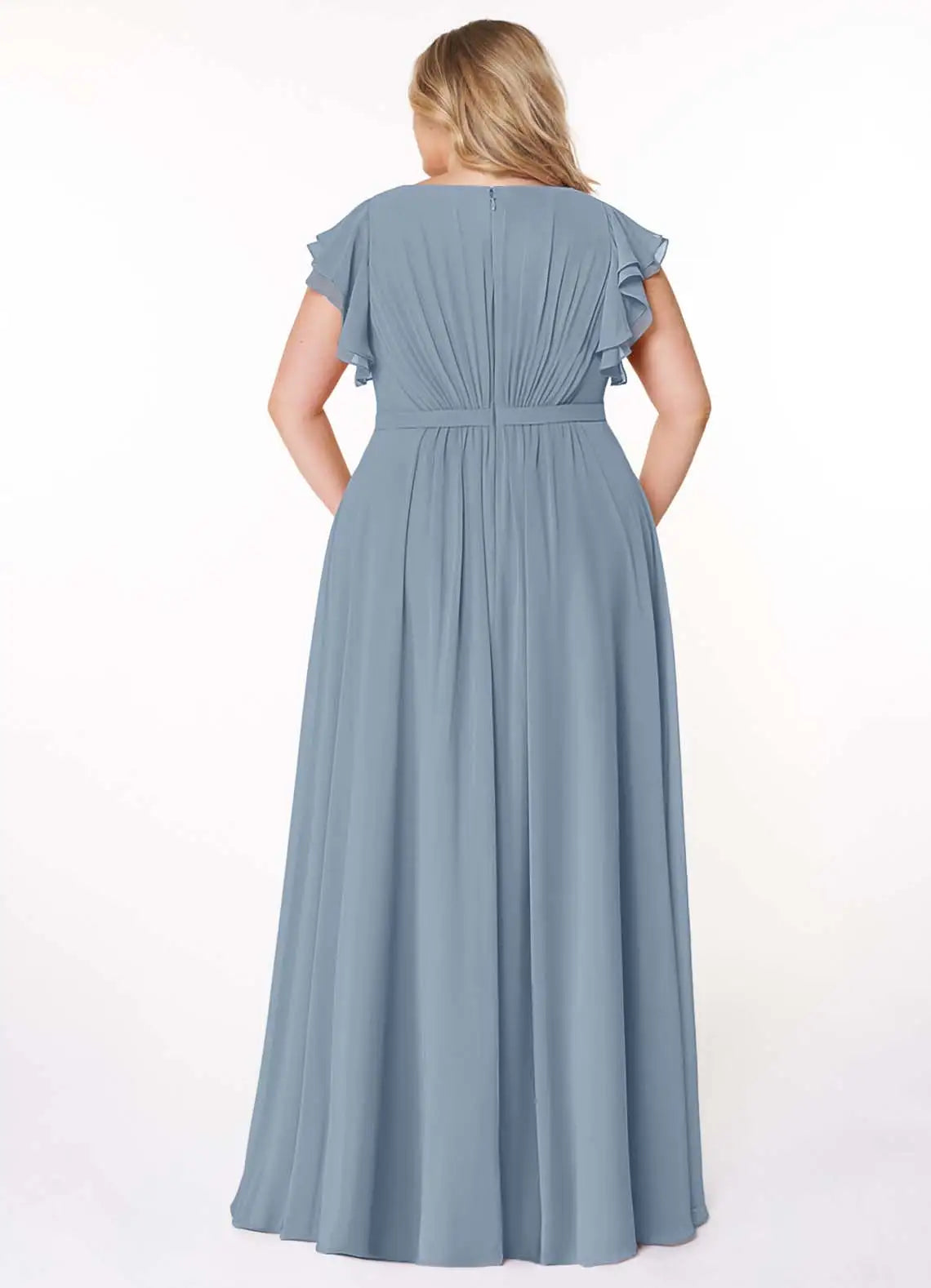 Round Neck Ruffle Sleeve Floor-Length Plus Size Bridesmaid Dress