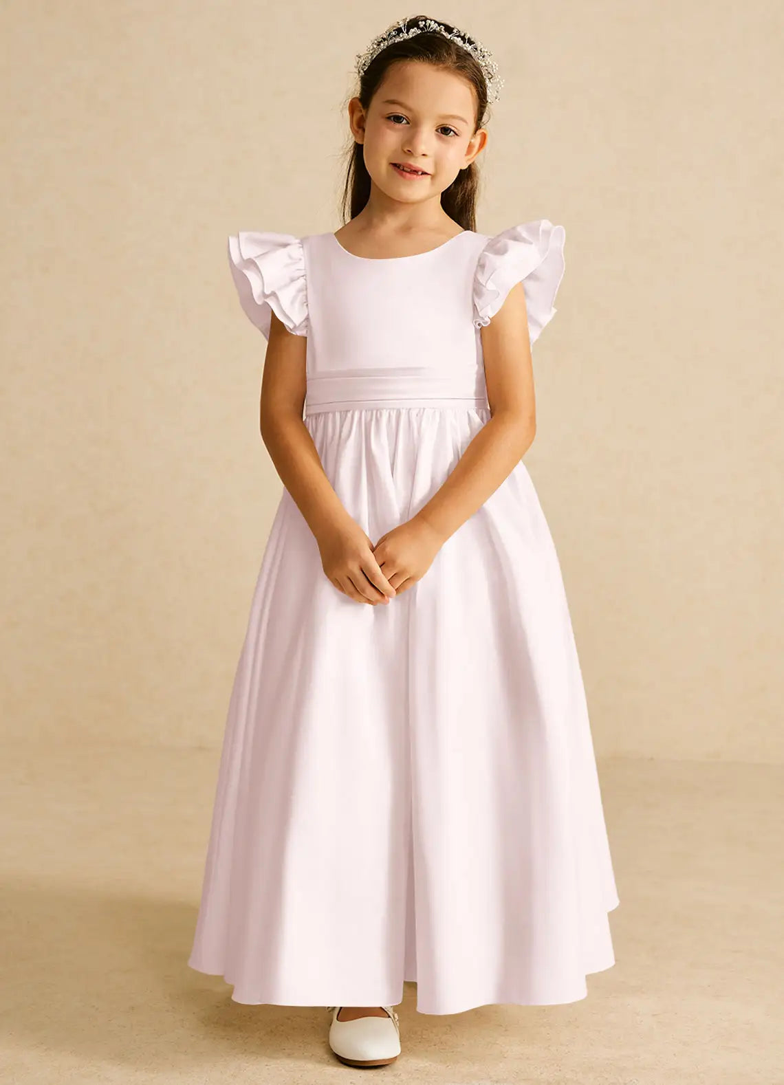 Round Neck Ruffle Sleeve Light Lavender Full-Length Satin Flower Girl Dresses with Back Bow