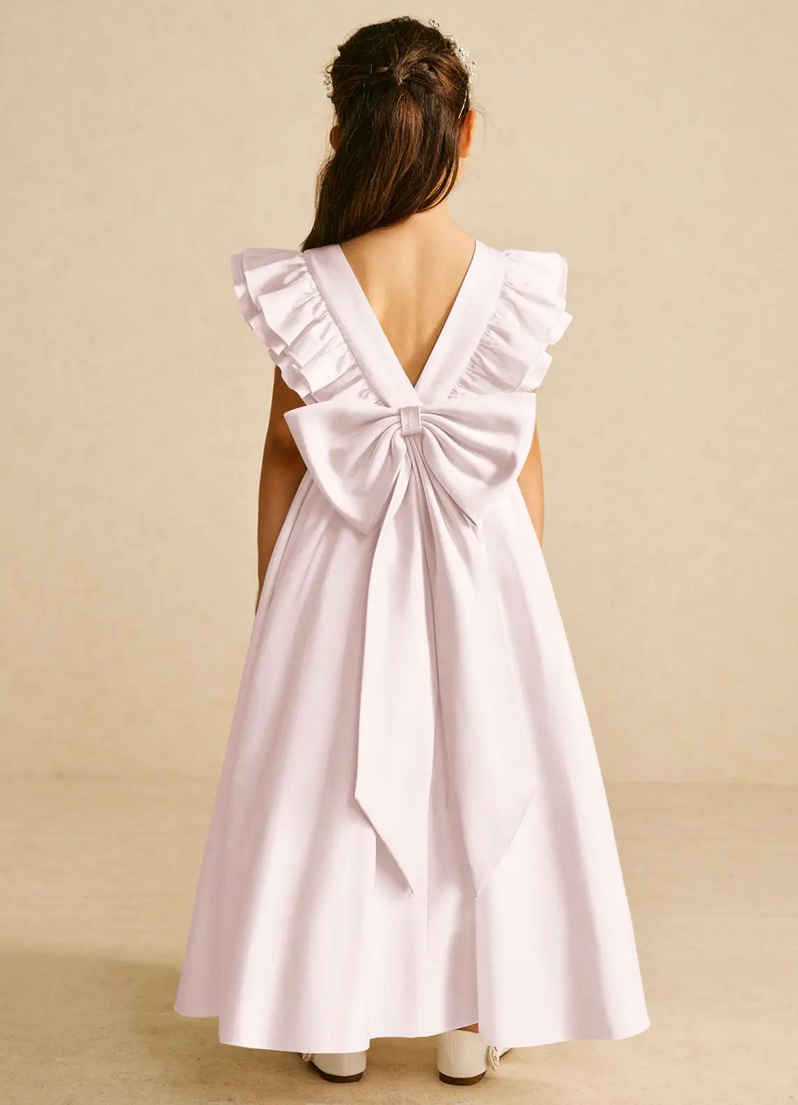 Round Neck Ruffle Sleeve Light Lavender Full-Length Satin Flower Girl Dresses with Back Bow
