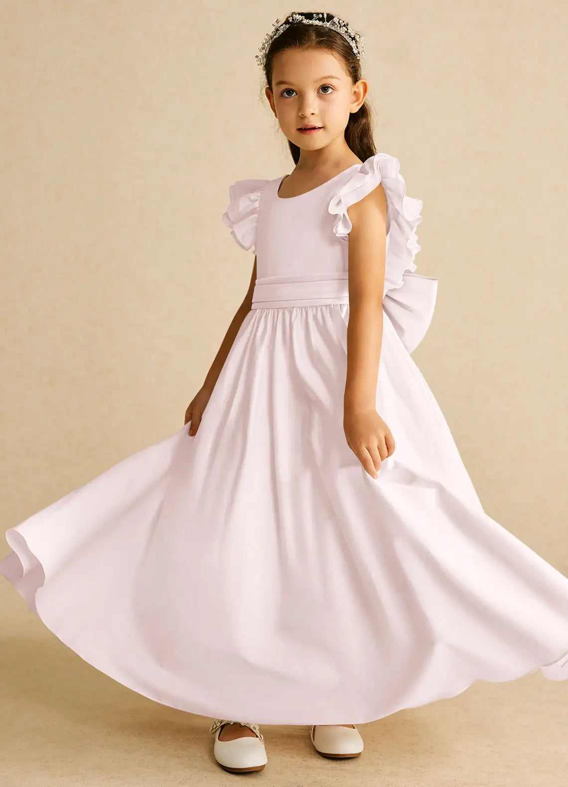 Round Neck Ruffle Sleeve Light Lavender Full-Length Satin Flower Girl Dresses with Back Bow