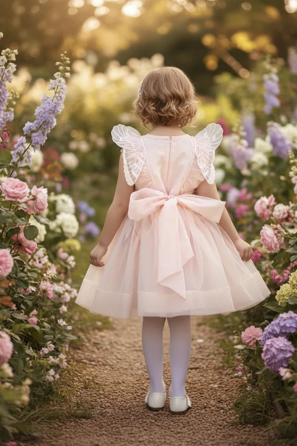Round Neck Ruffle Sleeveless Blush Pink Tulle Short Flower Girl Dresses