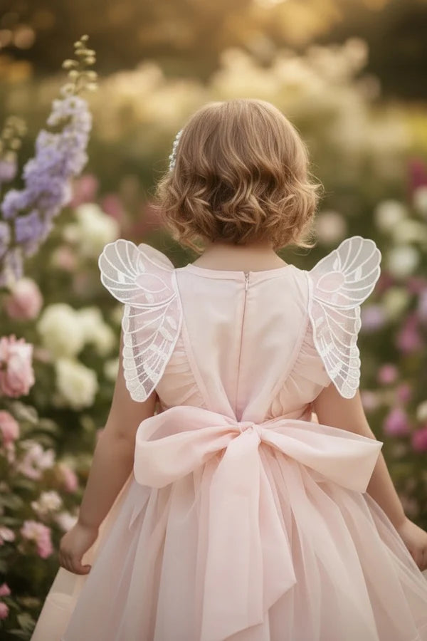 Round Neck Ruffle Sleeveless Blush Pink Tulle Short Flower Girl Dresses