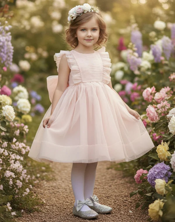 Round Neck Ruffle Sleeveless Blush Pink Tulle Short Flower Girl Dresses