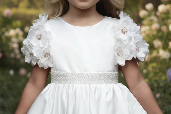 Round Neck Short 3D Floral Sleeve White Satin Midi Flower Girl Dresses